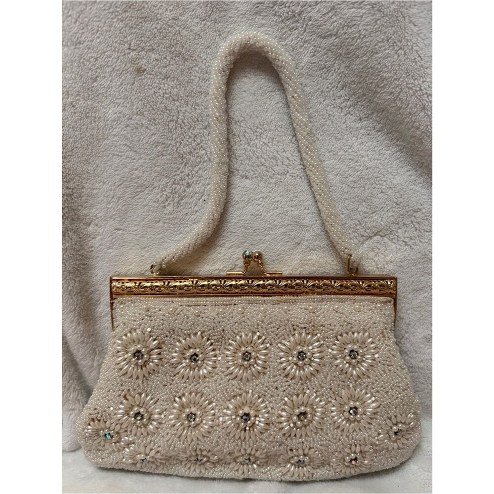 Ivory Beaded Floral Evening Clutch with Gold Frame